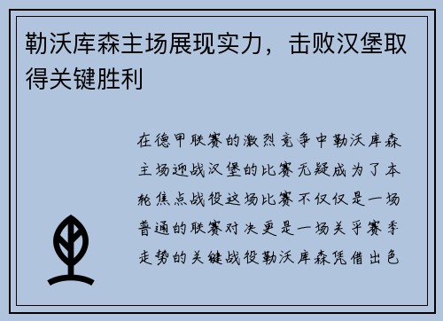 勒沃库森主场展现实力，击败汉堡取得关键胜利