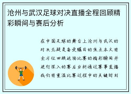 沧州与武汉足球对决直播全程回顾精彩瞬间与赛后分析